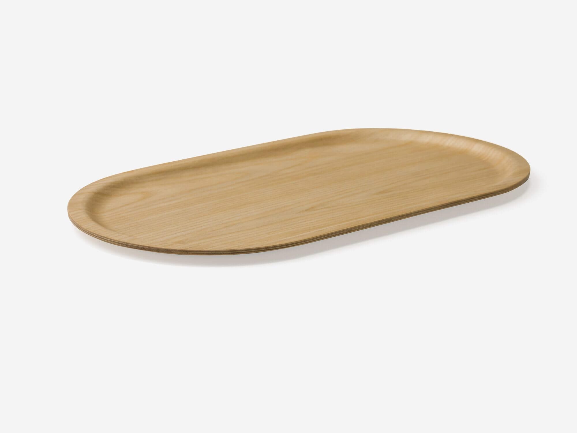 Oblong oak serving tray side view